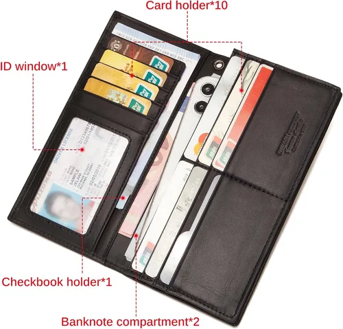 Vista 5 de Enwaen Carteras de cadena de motociclista para hombre, bloqueo RFID, de piel auténtica, diseño largo para camionero, motocicleta, chequera, Negro
