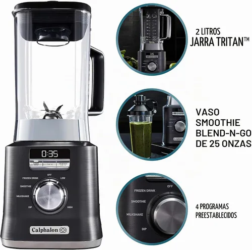 Vista 4 de Calphalon Licuadora Auto-Speed de 68 onzas con vaso para batidos Blend-N-Go y tarro Tritan sin BPA Base de 1100 W, acero inoxidable oscuro