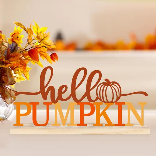 Vista 5 de COCHIE Letrero de Metal Hello Pumpkin, Decoraciones de Otoño Naranjas para Casa, Oficina, Estante, Repisa de Chimenea, Interior, Decoración