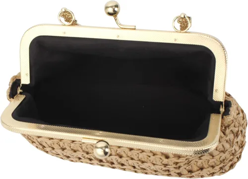 Vista 8 de Mini bolso de embrague tejido de paja para mujer, bolso cruzado con correa de cadena