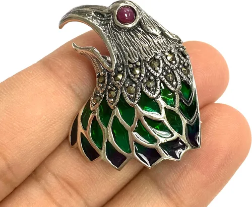 Vista 3 de Art Nouveau Style Plique a Jour Enamel Eagle Bird Pin Brooch with Ruby Eye and Marcasite Stone 925 Sterling Silver