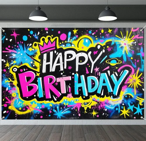 Vista 14 de IVN Pancarta de decoración de cumpleaños, graffiti, tema de galaxia, telón de fondo de 71 x 43 pulgadas con letras de burbujas blancas, estrellas