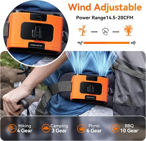 Vista 4 de Doublepow - Ventilador de cintura portátil de 10000 mAh, ventilador personal de doble cintura, cuello colgante de cinturón, doble motor de 20 horas