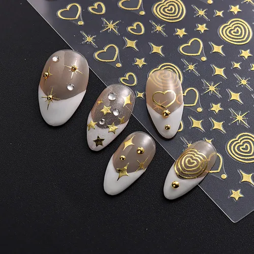 Vista 2 de Calcomanías de arte de uñas doradas, diseño de sol, luna, estrellas, línea de corazón, flores, calcomanías autoadhesivas para uñas, calcomanías