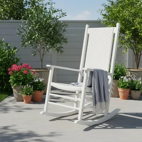 Vista 2 de Shine Company Hampton Mecedora de Porche, Silla Mecedora de Madera con Respaldo Alto, Respaldo y Asiento de Ratán, Blanco