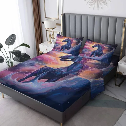 Vista 9 de Sábanas de caballo negro tamaño individual – Sábanas de cama de caballo galopante, microfibra suave, bolsillo profundo y sábanas estampadas sin