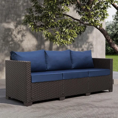 Vista 3 de Valita Muebles de patio de 3 asientos, sofá de mimbre marrón, muebles de exterior, sofá de exterior, asiento profundo, respaldo alto, funda Azul
