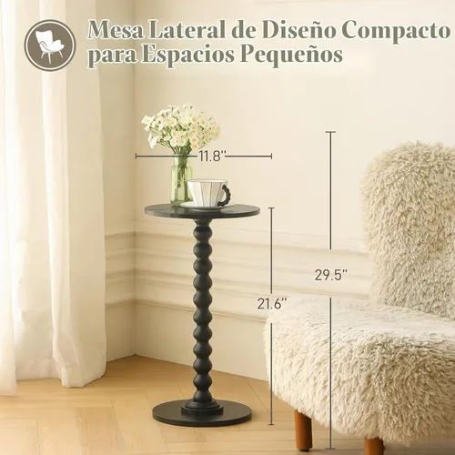 Vista 4 de Fultyle Mesa auxiliar redonda, mesa pequeña para bebidas para espacios pequeños, mesa auxiliar moderna con patas de madera maciza para sala de Negro