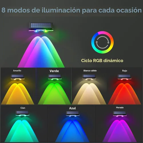 Vista 2 de TECKNET - Luces solares de valla para exteriores, paquete de 12 unidades, blanco cálido y 6 colores y RGB, luz de cubierta LED impermeable IP66