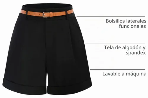 Vista 4 de Belle Poque Bermudas para mujer, cintura elástica, pantalones cortos de pierna ancha con bolsillos y cinturones Negro