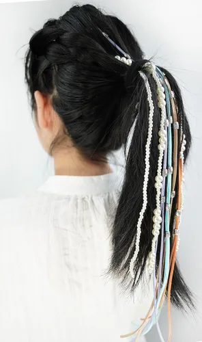 Vista 3 de Diadema trenzada de perlas de imitación y estilo bohemio, pinzas para trenzar el cabello, extensiones de cabello largo, cadena de cabello