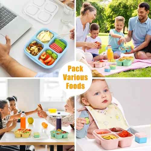 Vista 3 de Caperci Recipientes para aperitivos con 4 compartimentos (paquete de 4) con 2 tazas de salsa a prueba de fugas, recipientes divididos reutilizables