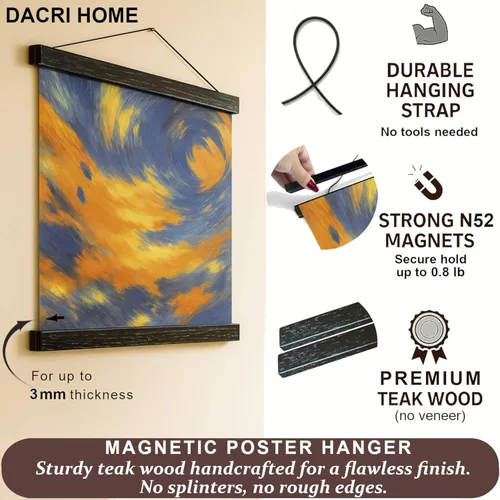 Vista 2 de DACRI HOME Marco Colgador Magnético para Póster - Madera de Teca, Marco Magnético Resistente de 12 pulgadas con Imanes Fuertes para Colgar Pósteres