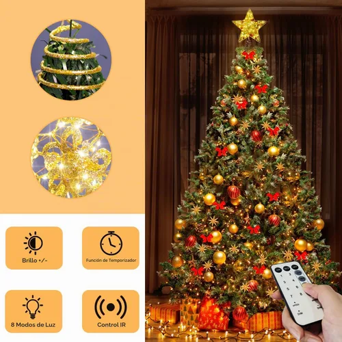 Vista 2 de Decoración de estrella para árbol de Navidad, decoración de estrella para árbol de Navidad con 40 luces LED y control remoto, 8 modos