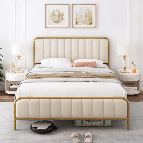 Vista 3 de HITHOS Base de cama tamaño completo con cabecera tapizada con botones, base de colchón de metal tapizado y de alta resistencia con listones
