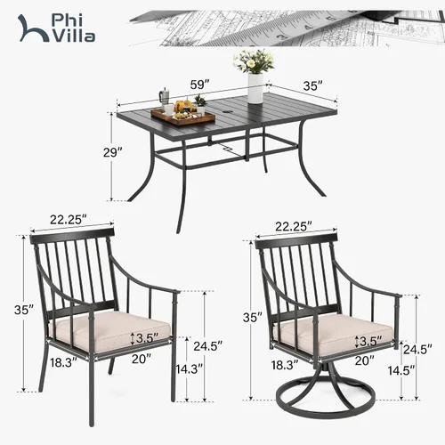 Vista 9 de PHI VILLA Juego de mesa de comedor para patio de 7 piezas con cojín para 6, mesa grande rectangular de metal para exteriores con orificio para Silla
