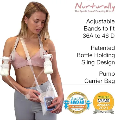 Vista 2 de Nurturally - Brasier de extractor de leche manos libres, se adapta a 36A a 46D, sujeción firme, ajustable y cómodo, sujetadores de bombeo manos Rosa