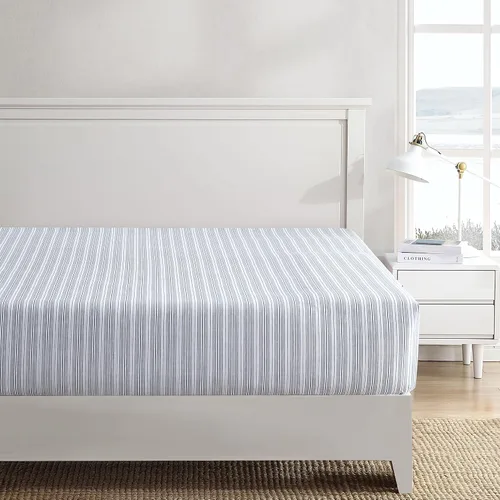 Vista 2 de Nautica Sábana bajera ajustable de tamaño individual, ropa de cama de percal de algodón crujiente, sábana ligera y transpirable, bolsillo profundo