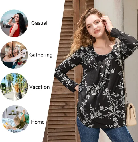 Vista 4 de Anymeet 2023 Womens Spring Fall Tunic Top Long Sleeve Casual Tee Pleated Shirts Comfy Loose Blouses