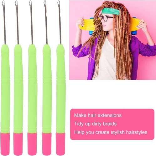 Vista 2 de 5 ganchos de plástico para extensiones de cabello, juego de ganchillo, herramienta de gancho para trenzar el cabello (verde #2)