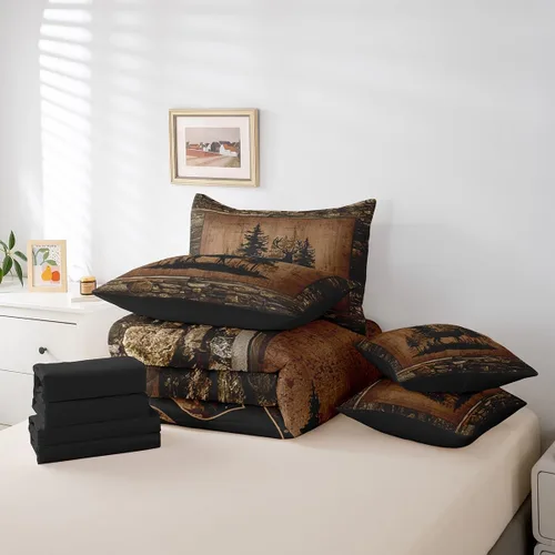 Vista 6 de Feelyou Juego de edredón de ciervo con sábanas – Tamaño Queen 7 piezas Juego de ropa de cama infantil de caza rústica – Cama de ciervo de cabaña