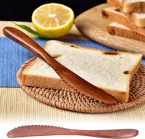 Vista 3 de Juego de 5 cuchillos de madera para cena, cuchillos de pastel pulidos, cuchillo de mantequilla reutilizable, cuchillo ecológico hecho a mano, juego