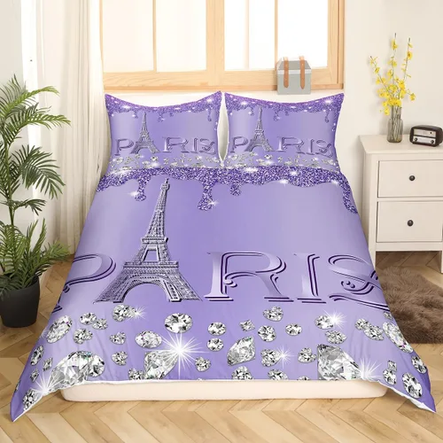 Vista 19 de Erosebridal Funda de edredón de la Torre Eiffel para niñas, juego de ropa de cama romántica de París azul, negro y blanco, funda de edredón