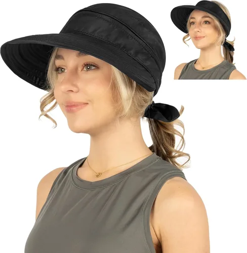 Vista 37 de SUN CUBE Sombrero de sol para mujer para protección UV al aire libre, sombrero de sol de ala ancha, cola de caballo, sombrero de playa convertible