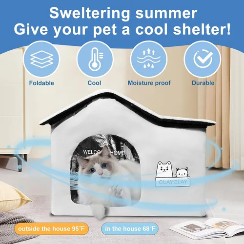 Vista 3 de Casa resistente para gatos con calefacción para invierno, casa para gatos al aire libre con aislamiento impermeable, con almohadilla térmica