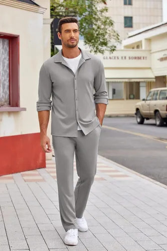 Vista 2 de COOFANDY Conjunto de 2 piezas para hombre, camisa de manga larga con botones, sin arrugas, camisas elásticas