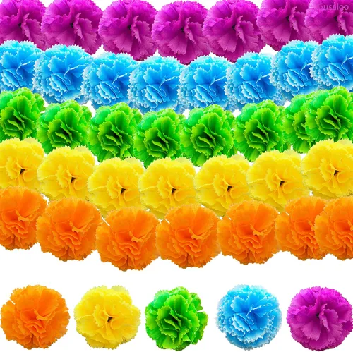 Vista 18 de Cabezas de flores de caléndula a granel, 50 unidades, flores artificiales de caléndula de seda para decoración del hogar, Diwali, corona