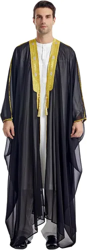 Vista 8 de Abaya Dubai Jalabiya Thobe Muslim Ramadan Robe Arab Camisa Abaya Hombres Bordado Gasa Cubierta Blanco