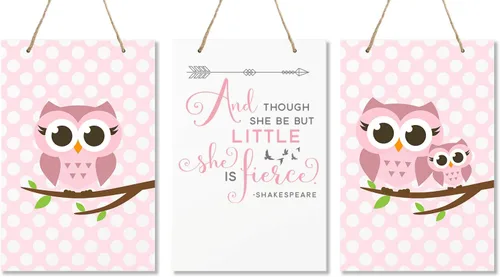 Vista 4 de LifeSong Milestones y Though She May Be Little She is Fierce 3 piezas búho niños señal de decoración de pared para niños, dormitorio, guardería