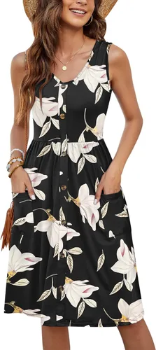 Vista 21 de MOLERANI Vestido de verano para mujer, sin mangas, estilo casual, suelto, con vuelo, botones, midi, con bolsillos 01-beja Blue