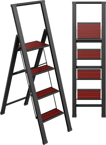 Vista 17 de Escalera de Peldaños de 1 Escalón Plegable, Decorativa - Hermosa Madera Gris y Aluminio Negro, Perfil Ultra Delgado, Peldaños Antideslizantes
