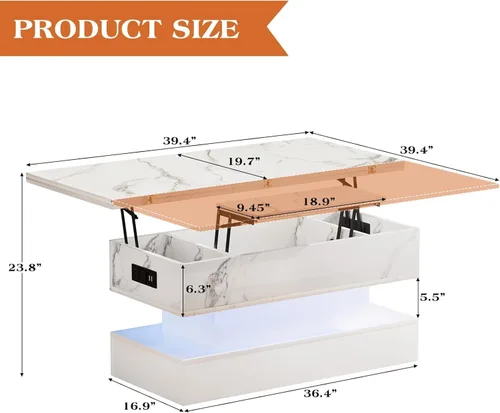 Vista 2 de SYESWAY - Mesa de centro con tapa elevable de 39.4 pulgadas con estación de carga, mesa central con diseño de mármol brillante con compartimento