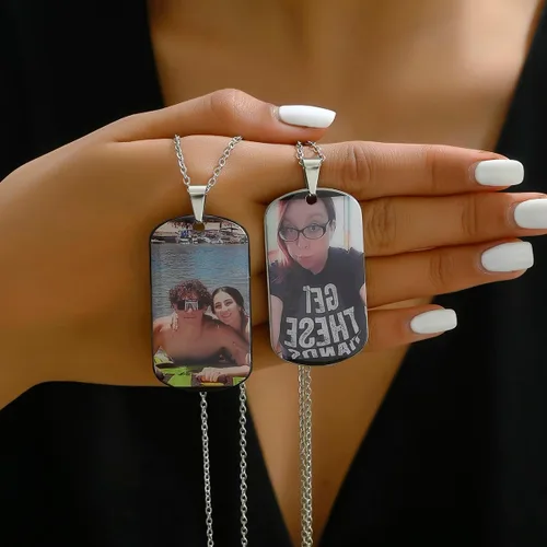 Vista 9 de Collar con colgante de etiqueta de perro con foto personalizada, fecha, texto, imágenes, collar de acero inoxidable personalizado para hombres