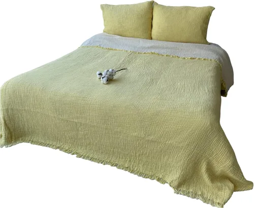 Vista 3 de DEKADRON Manta 100% de muselina de algodón, colcha de 4 capas, funda de cama suave de muselina de algodón turco, colcha reversible, color amarillo