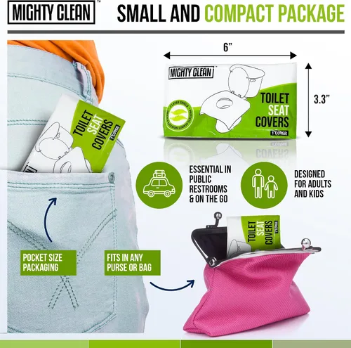 Vista 5 de Mighty Clean - Fundas desechables para asiento de inodoro XL, 100% impermeables, envueltas individualmente, fundas extra anchas para adultos