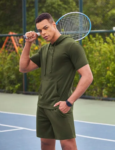 Vista 2 de COOFANDY Conjunto deportivo de 2 piezas con capucha para hombre, manga corta, casual, deportivo, con capucha y pantalones cortos