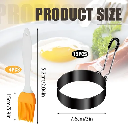 Vista 2 de 12 anillos de huevo para freír huevos, molde antiadherente para panqueques, molde de acero inoxidable con 4 cepillos de silicona, forma redonda