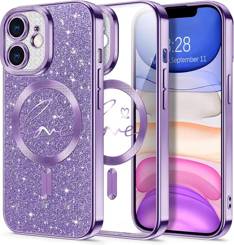 Vista 138 de Hython Funda para iPhone Air con purpurina, compatible con MagSafe Love Heart fundas magnéticas transparentes para teléfono para mujeres y niñas
