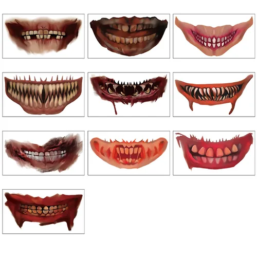 Vista 7 de 10 hojas de calcomanías de tatuaje de Halloween, calcomanías de tatuaje de boca aterradora, maquillaje de broma de Halloween, tatuaje temporal