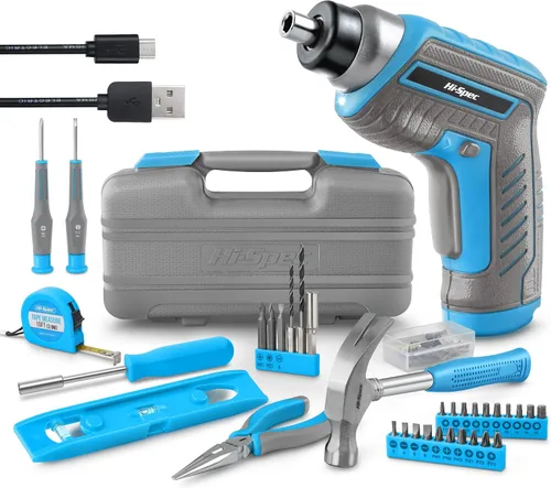 Vista 10 de Hi-Spec Juego de 58 piezas de taladro inalámbrico rojo de 8V USB de energía eléctrica y kit de herramientas de bricolaje para el hogar. Accesorios