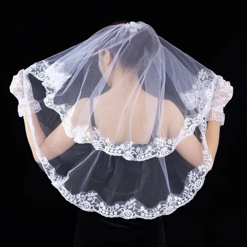 Vista 3 de jiebor Velo de novia de encaje blanco para Halloween, velo de capilla nupcial con guantes para mujeres, novias, bodas, despedidas de soltera, Blanco