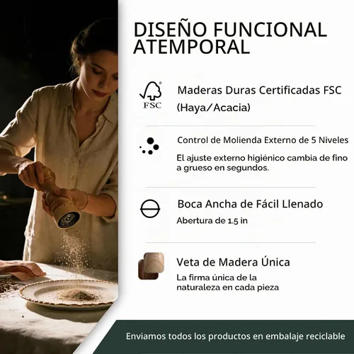 Vista 4 de Molinillo de pimienta de madera, molinillo de pimienta manual con núcleo de acero inoxidable, pimentero recargable con cuerpo de madera de acacia