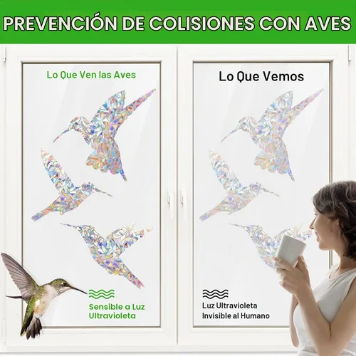 Vista 2 de Calcomanías de ventana para prevenir golpes de pájaros, DELLAN 24 Calcomanías anticolisión arco iris para ventana, Adhesivos deflectores de pájaros