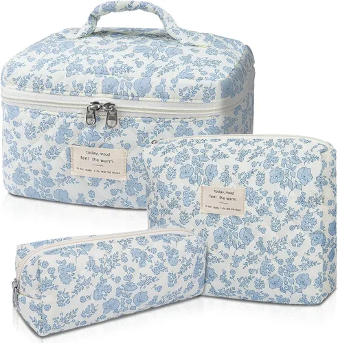 Vista 26 de Juego de bolsas de maquillaje, bolsa de maquillaje acolchada, bolsa grande para cosméticos florales para mujer, bonitas bolsas de maquillaje