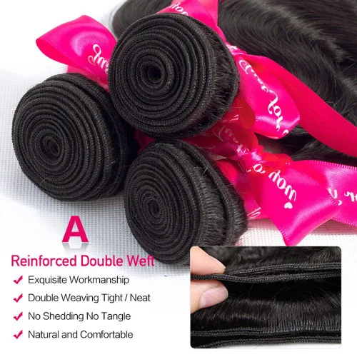 Vista 4 de Wingirl 3 paquetes de cabello humano ondulado doble trama 10A, paquetes de cabello brasileño de 12, 14, 16 pulgadas Negro