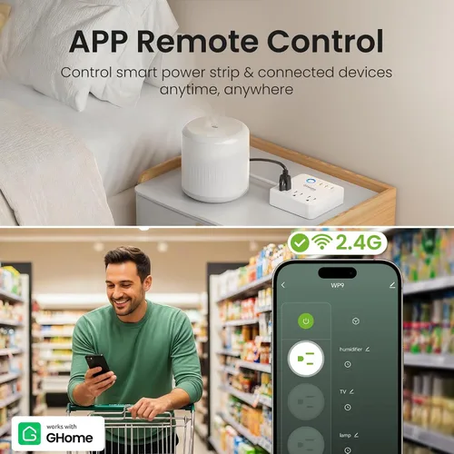 Vista 3 de GHome Smart Regleta protectora contra sobretensiones 10A, enchufe inteligente que funciona con Alexa y Google Home, tomas WiFi 6 en 1 con control